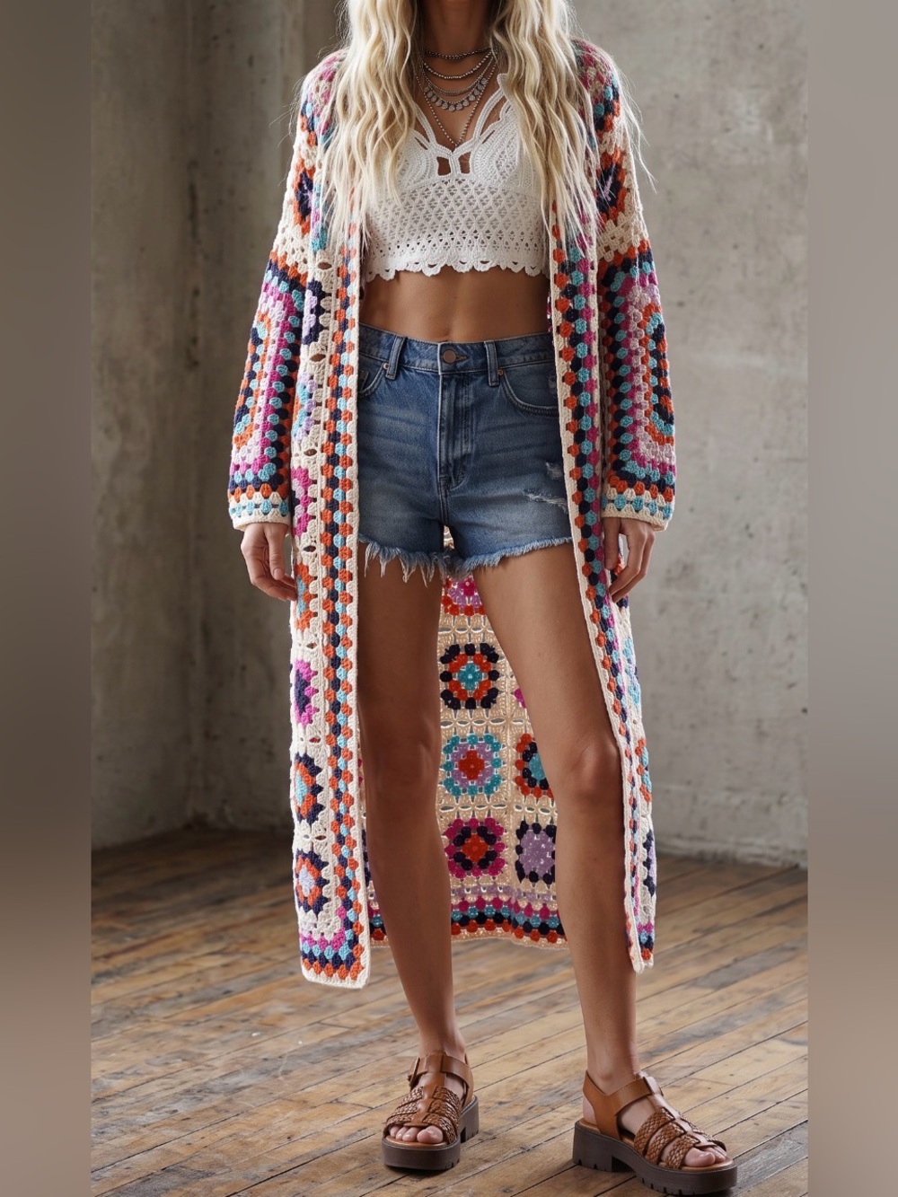 NWT POL Granny Tile Crochet Multi Colored Knit Long Duster Cardigan Sweater - Picture 2 of 8